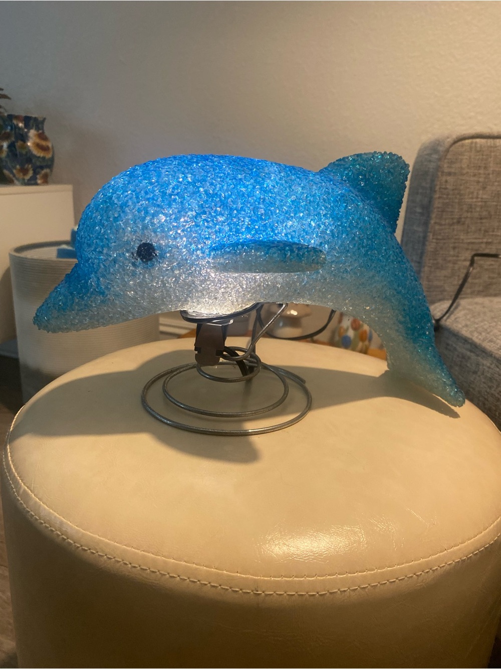 Vintage Dolphin Night Light Lamp Blue/White Corded Metal Spiral Base Y2K 90s kid